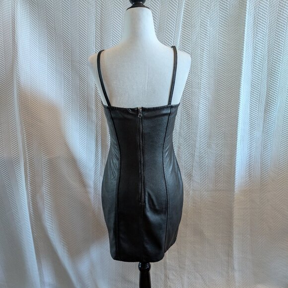 H&M Black Faux Leather Mini Dress Spaghetti Straps Stretch Size 6 - Picture 3 of 9